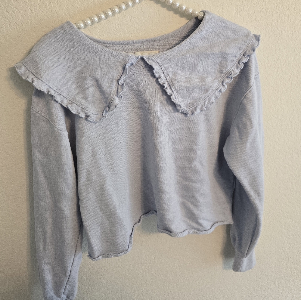 Dusty Blue Cottagecore Ruffled Collar Top